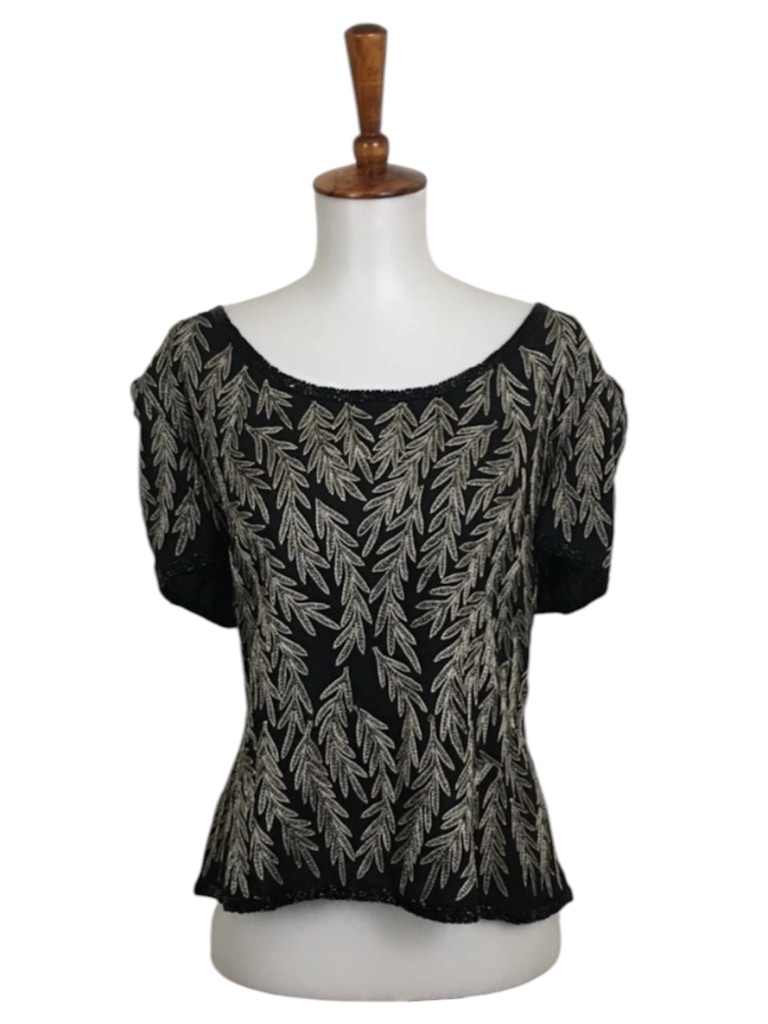 Adrianna Papell Beaded Embroidered Top Women’s L 90s Y2k 100% Silk Goth Glam